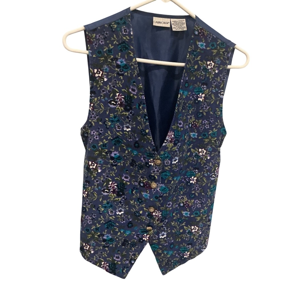 Vintage Womens Cotton Corduroy Vest S Blue Floral Indie Garden Cottage Granola